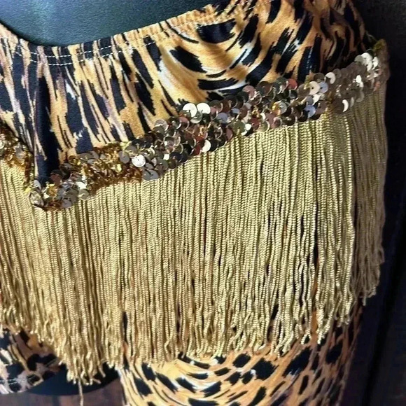 Vintage One Leg Leopard Cheetah Animal Print Leggings Fringe Sequins 80s 90s - Picture 4 of 7